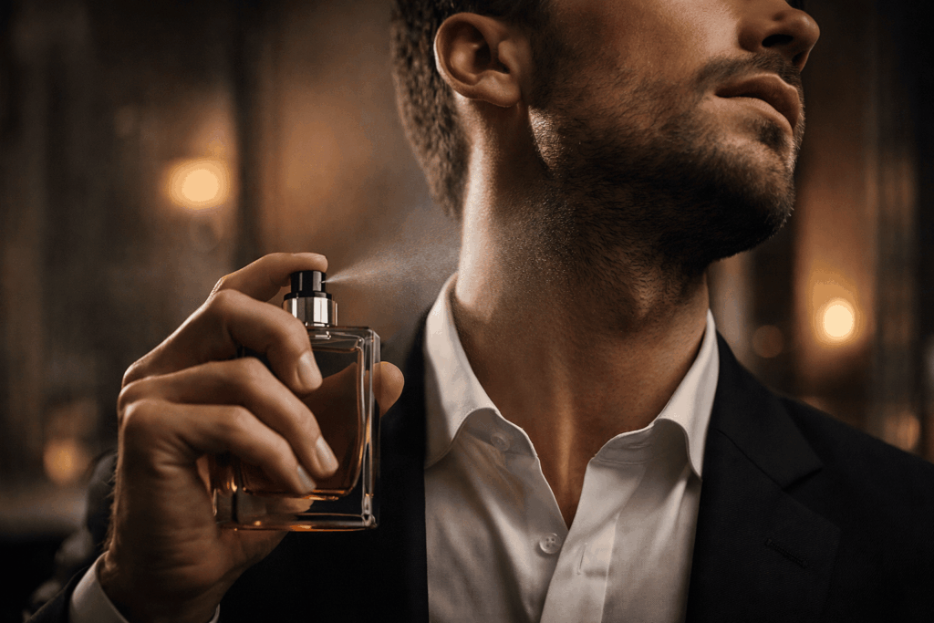 Un homme élégant applique du parfum sur son cou