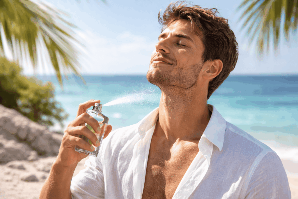 Homme appliquant du parfum à la plage