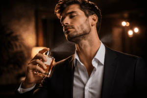 Homme appliquant du parfum avec élégance