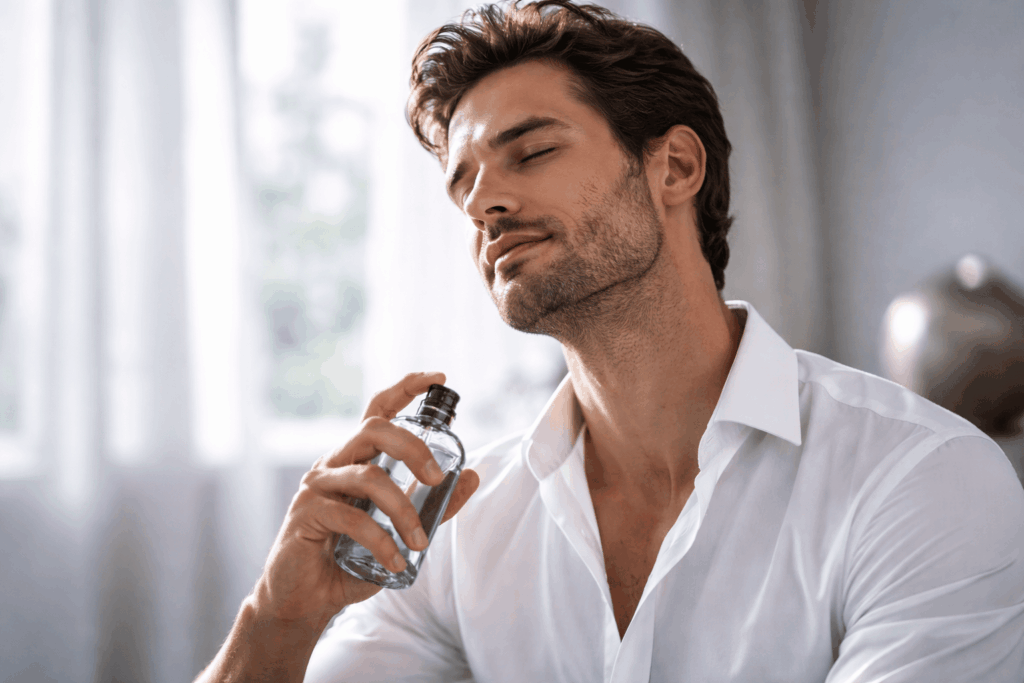 un homme appliquant son parfum Louis Vuitton