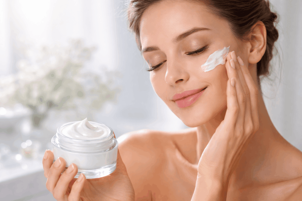 une personne utilisant sa crème collagène visage