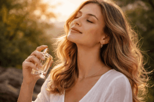 un femme mettant son parfum d'Yves Rocher pour femme
