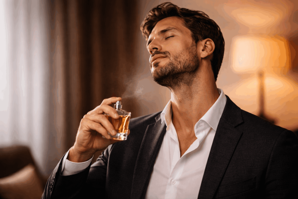 un homme appliquant son parfum guerlain
