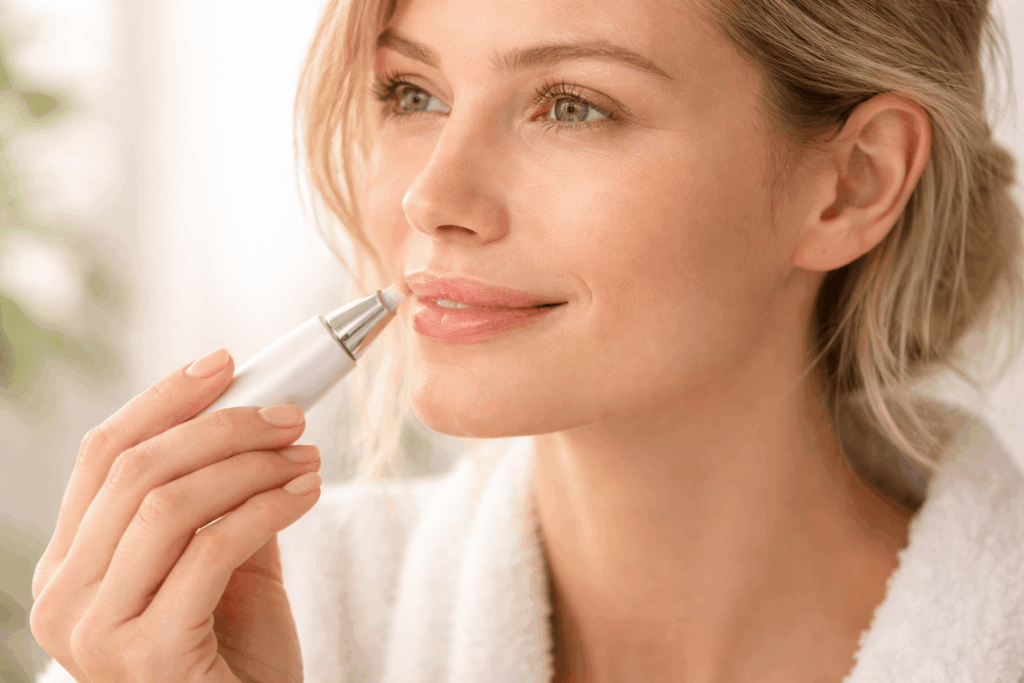 une personne utilisant la crème anti-ride pour le contour des lèvres