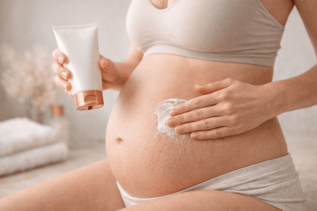 une femme enceinte avec des vergeture appliquant sa crème anti-vergetures