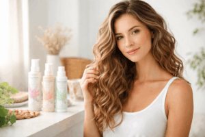 une personne avec des cheveux fins​ utulisaant sa gamme les secrets de loly