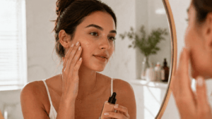 Routine de maquillage dans la salle de bains avec le sérum teinté typology