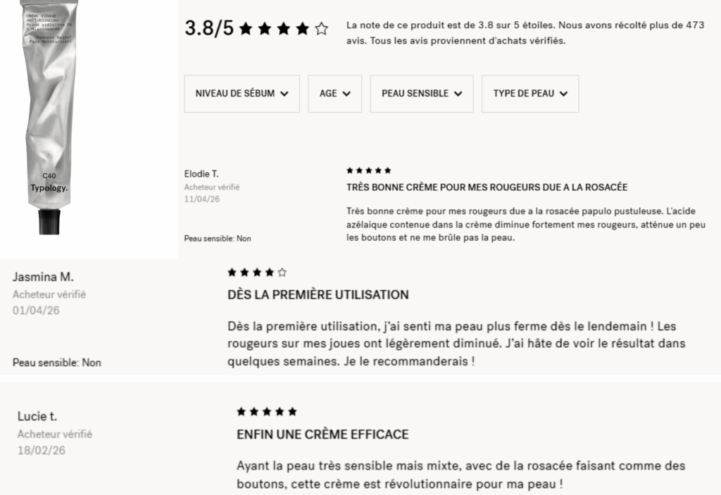 avis des clients sur la crème c40 typology