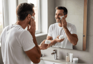 un homme applicant sa crème hydratante visage