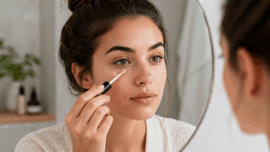 une femme aplicant son anti-cernes teinté typology