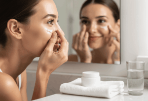 une femme apliquant son contour des yeux au rétinol