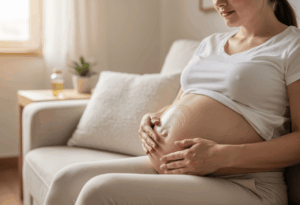 une femme enceinte appliquant son huile anti-vergetures