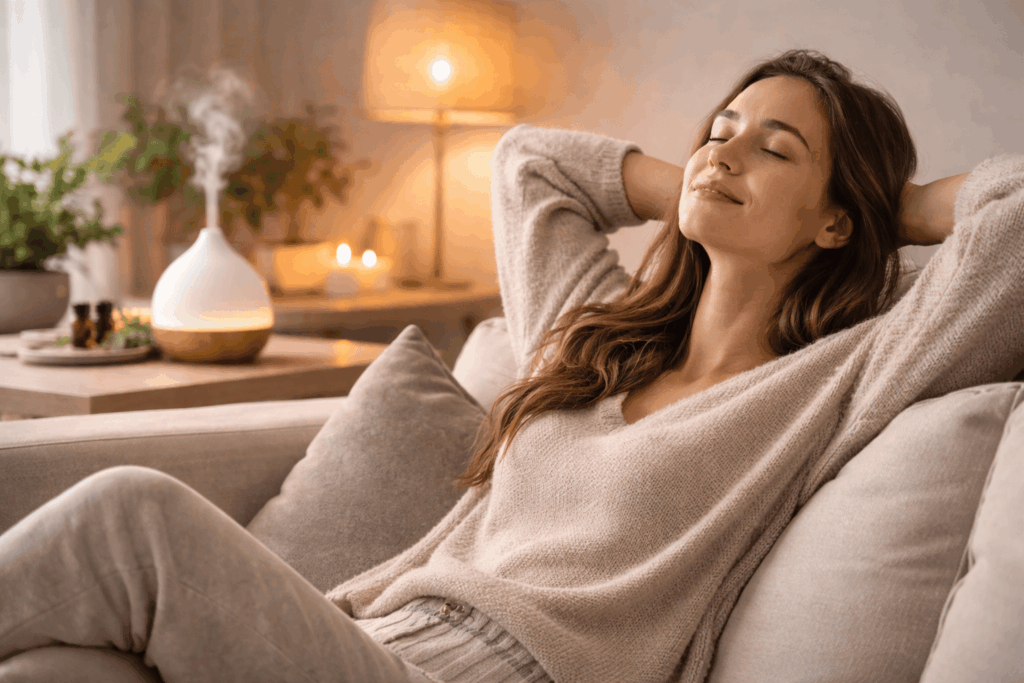 une femme profitant du diffuseur d'huiles essentielles