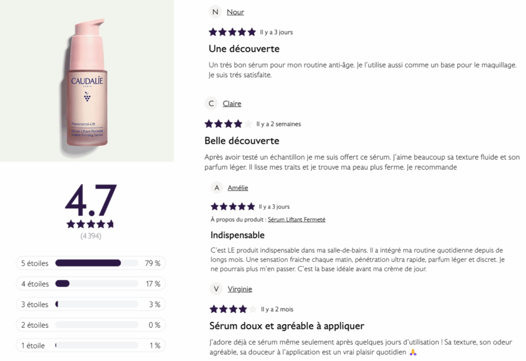 avis des clients sur caudalie resvératrol lift