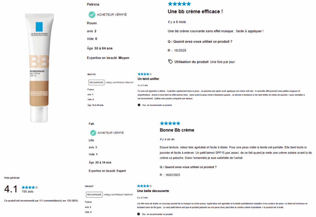 avis des clients sur la bb crème la roche-posay