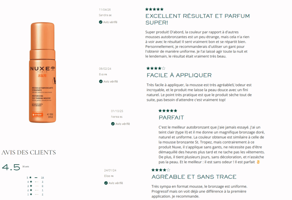 avis des clients sur l'autobronzant nuxe