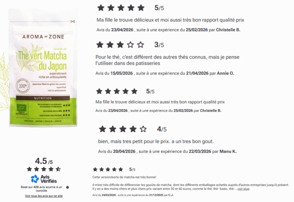 avis des clients sur le matcha aroma-zone