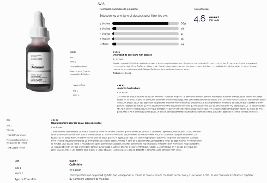 avis des clients sur le peeling aha bha the ordinary