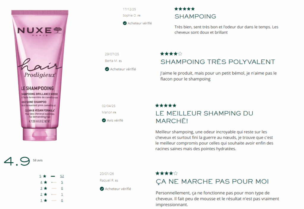 avis des clients sur le shampooing nuxe hair prodigieux