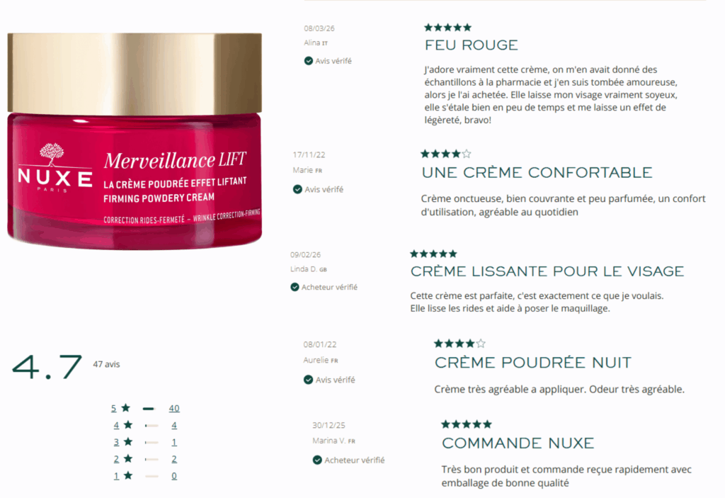avis des clients sur merveillance lift nuxe