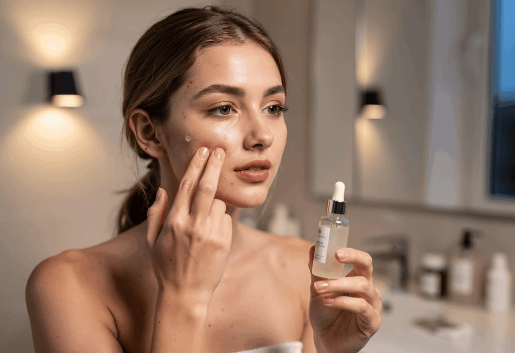 une femme apliquant son sérume acide azélaïque aroma-zone
