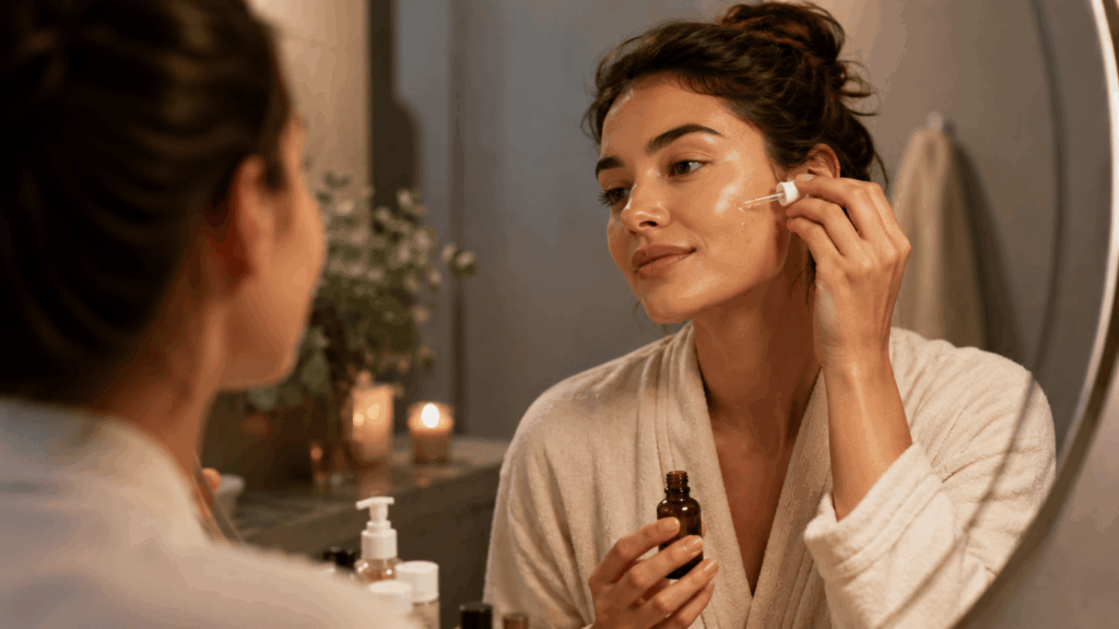 une femme applicant le rétinol the ordinary sur son visage