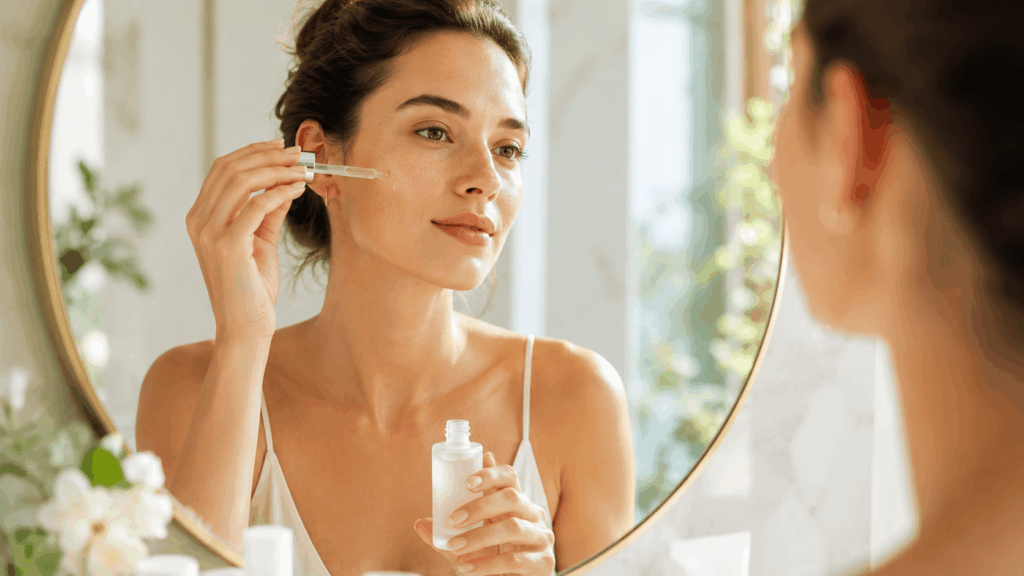 une femme applicant on sérum caudalie vinoperfect