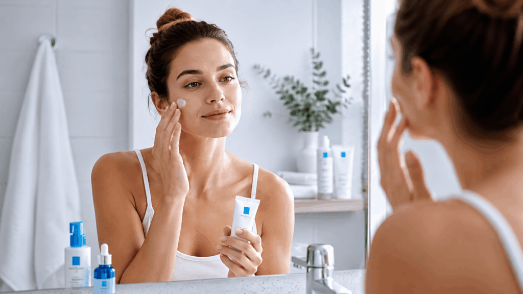 une femme applicant sa crème de la roche-posay