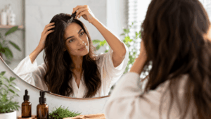 une femme applicant son huile de romarin pour cheveux