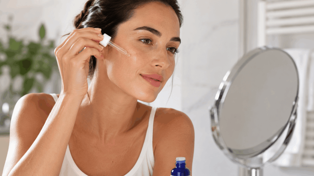 une femme applicant son sérum mela b3 de la roche-posay