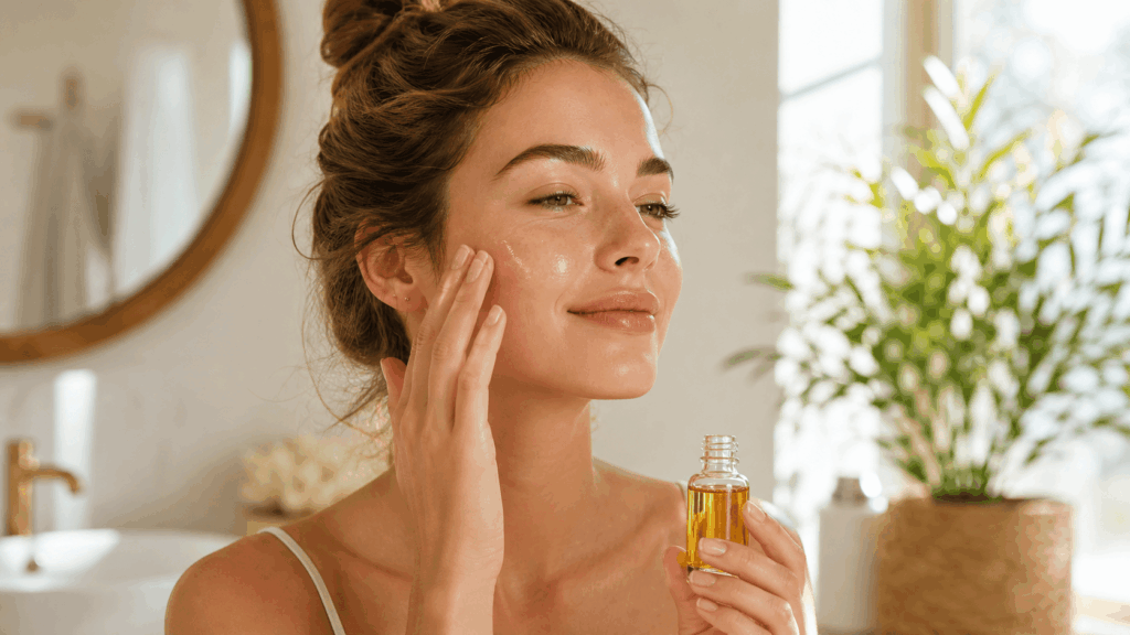 une femme applicant un produit de la marque nuxe