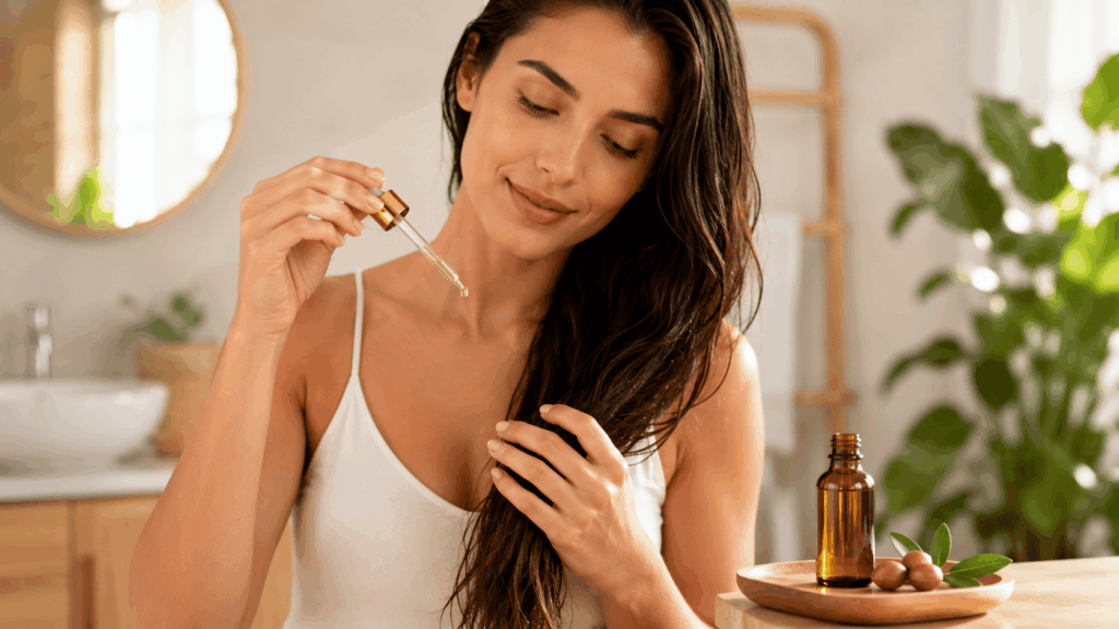 une femme appliquant son huile d'argan