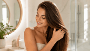 une femme avec des cheveux soyeux grace au shampooing nuxe hair prodigieux