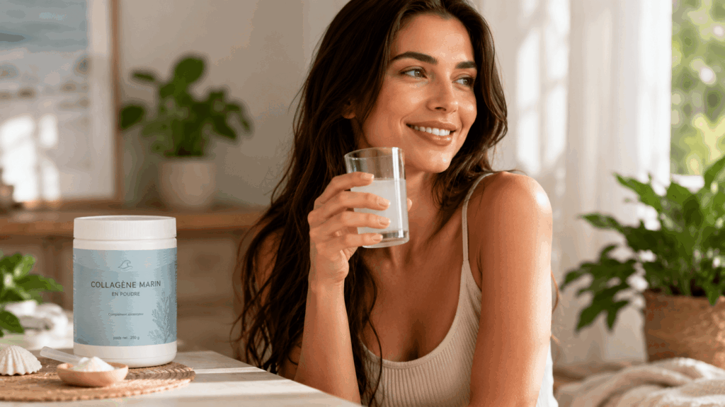 une femme prenant son collagène marin aroma-zone