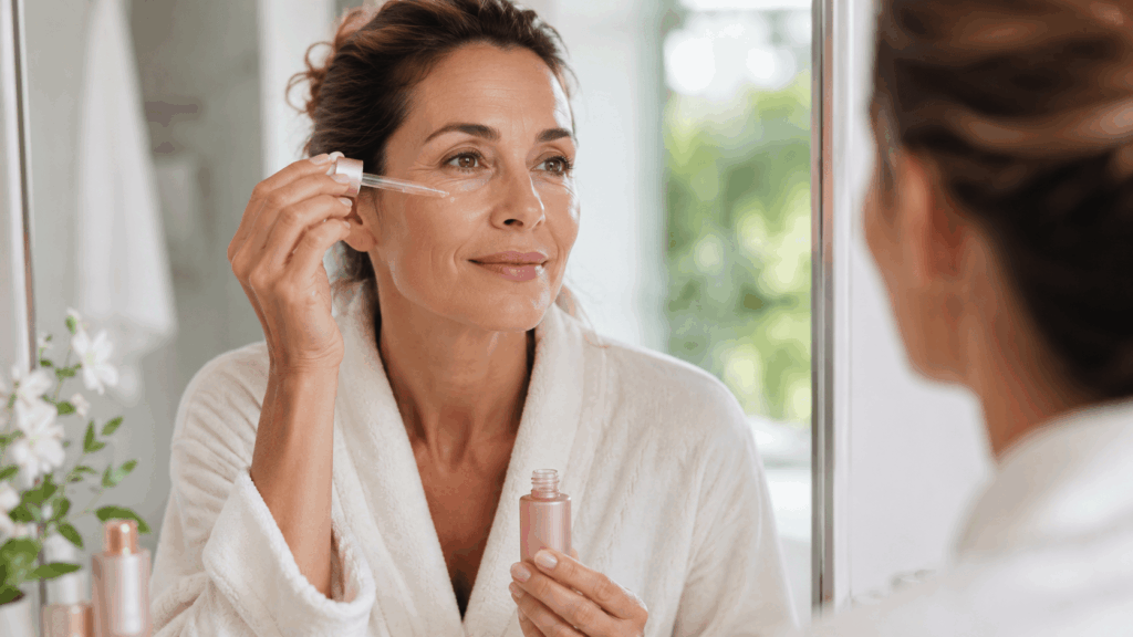une femme utulisant sa crème resvératrol lift caudalie
