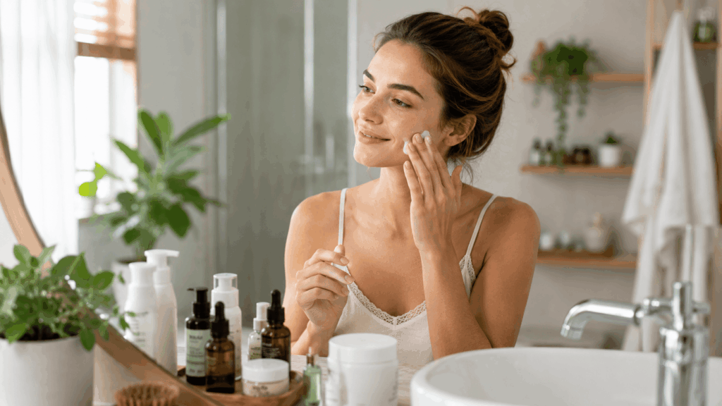 une femme utulisant sa routine la marque aroma-zone