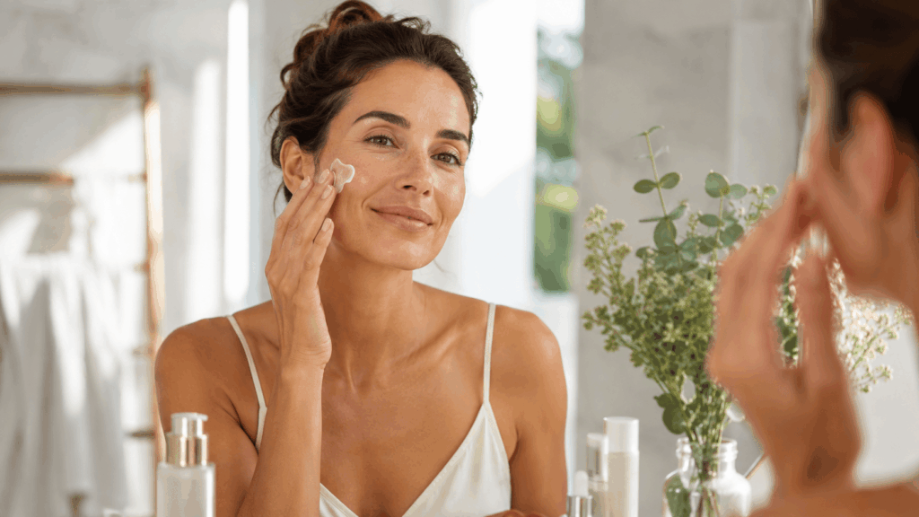 une femme utulisant son produit de la marque caudalie