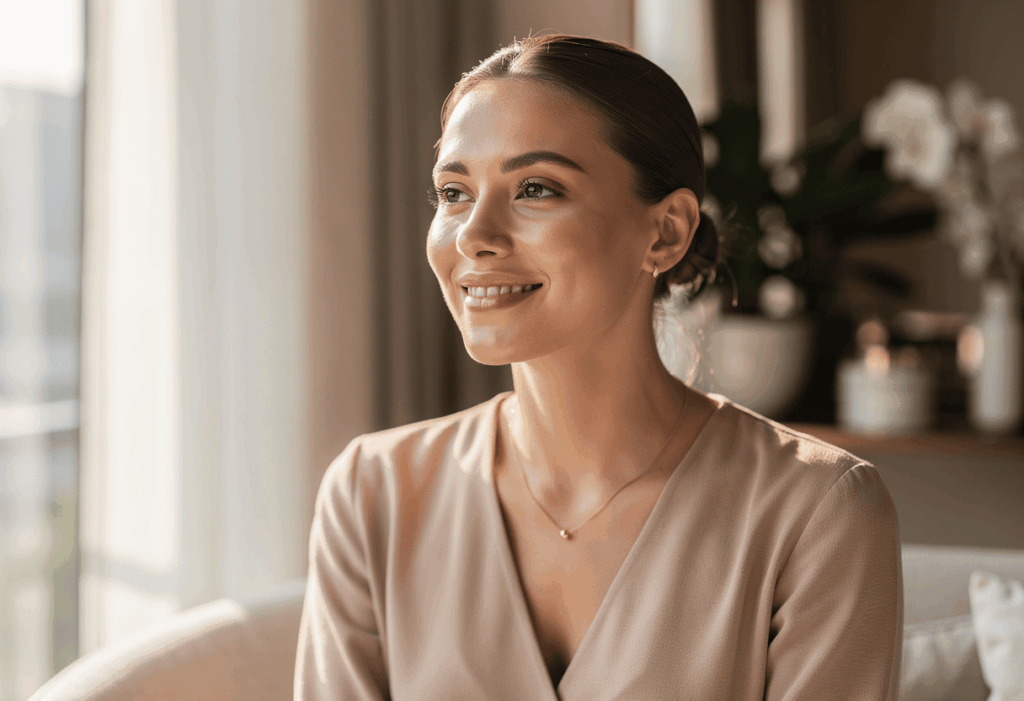 Femme à la peau éclatante illustrant les bienfaits de l'acide hyaluronique