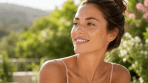 Femme souriante d’environ 35 ans avec une peau lumineuse et éclatante