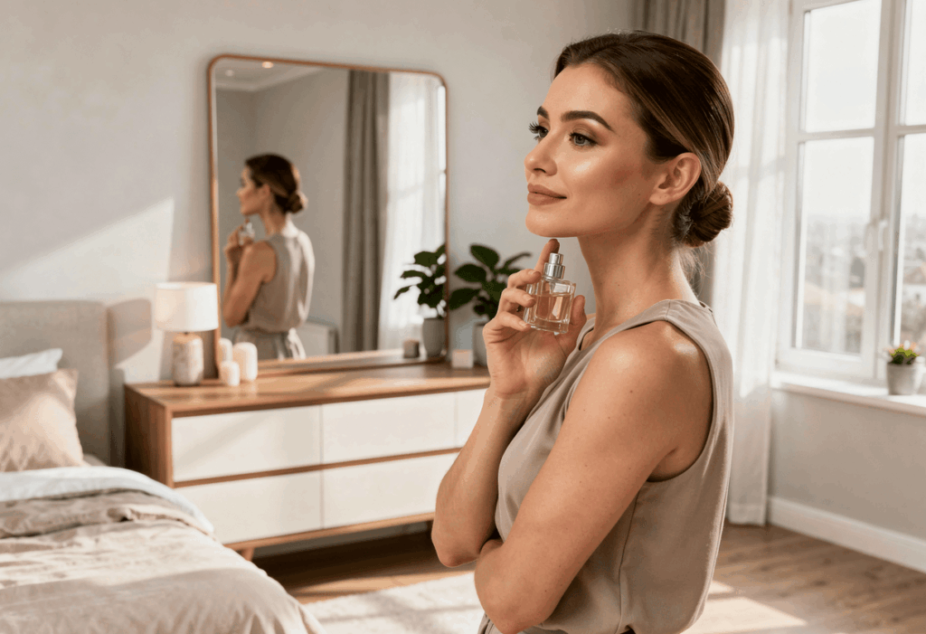 Une femme élégante appliquant son parfum comme une évidence yves rocher