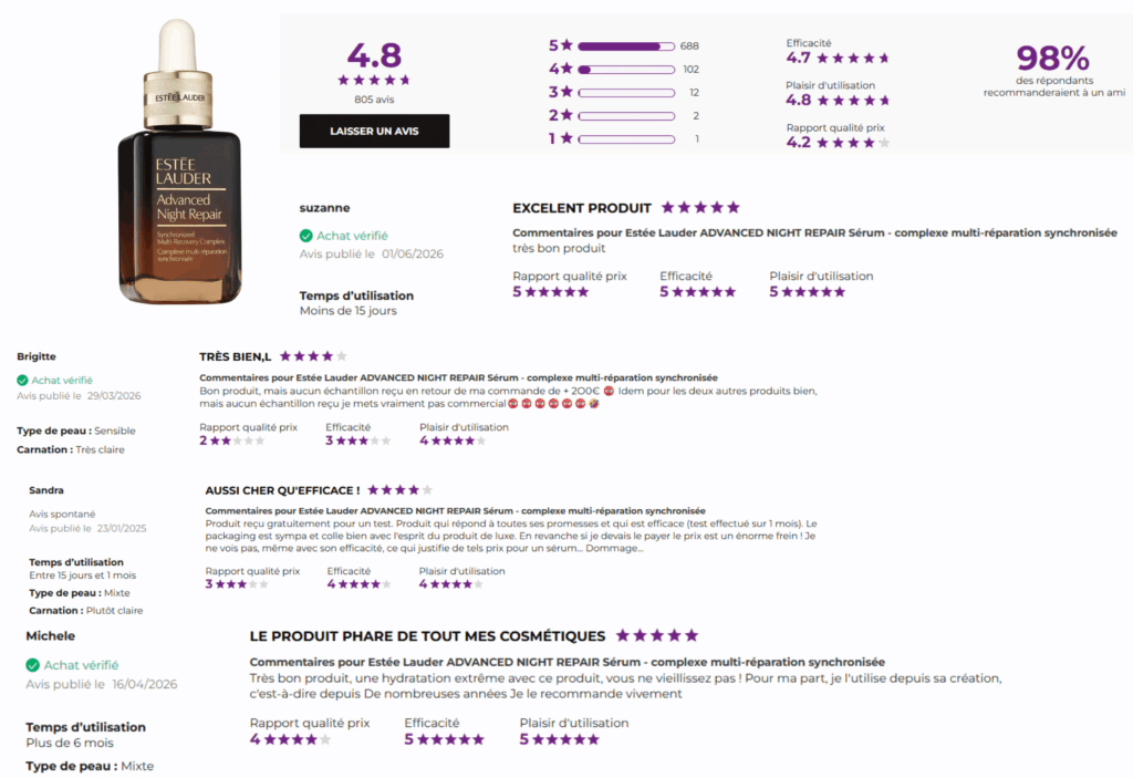 avis des clients sur advanced night repair estée lauder