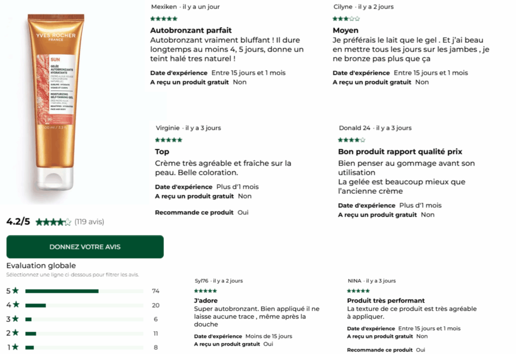 avis des clients sur autobronzant yves rocher