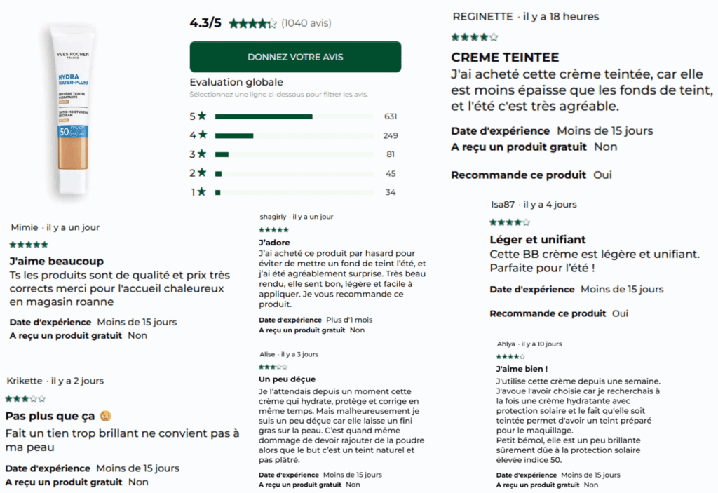 avis des clients sur bb crème yves rocher