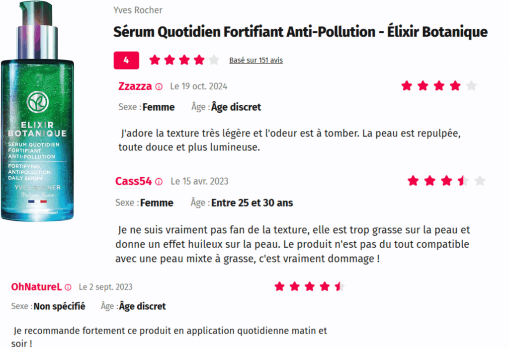 avis des clients sur élixir botanique yves rocher