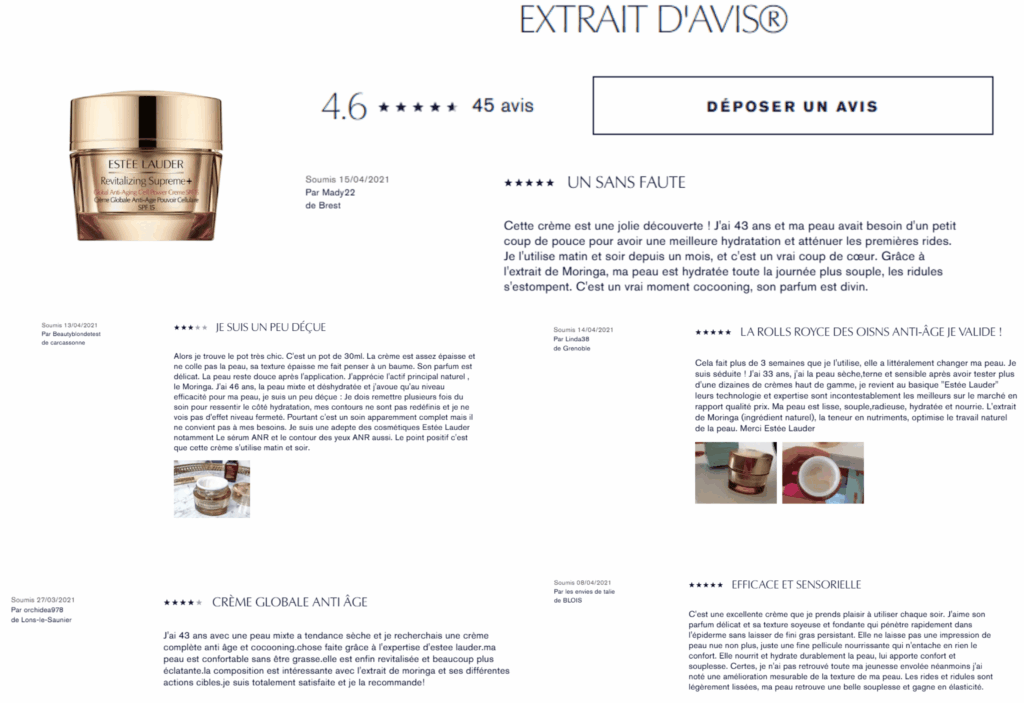 avis des clients sur estée lauder revitalizing supreme+