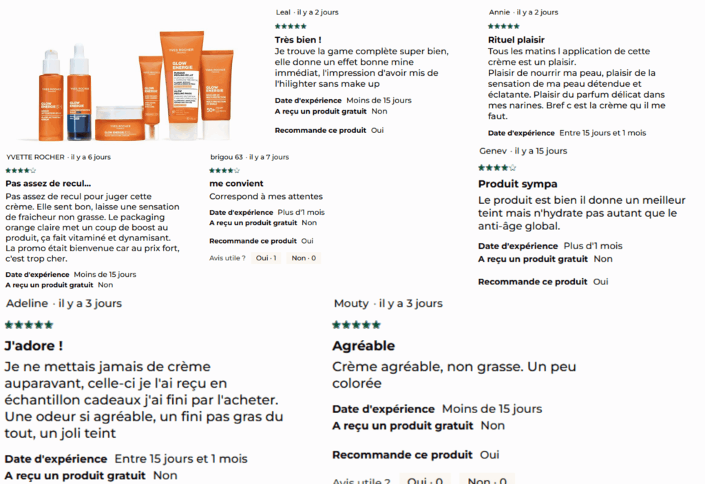 avis des clients sur glow énergie yves rocher