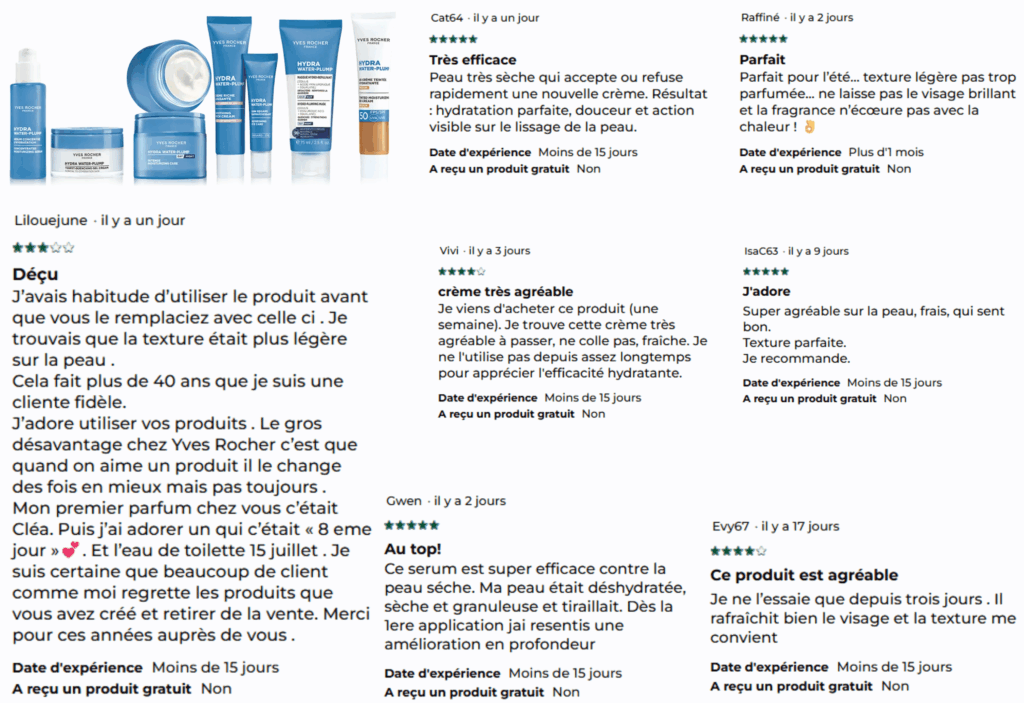 avis des clients sur hydra végétal yves rocher