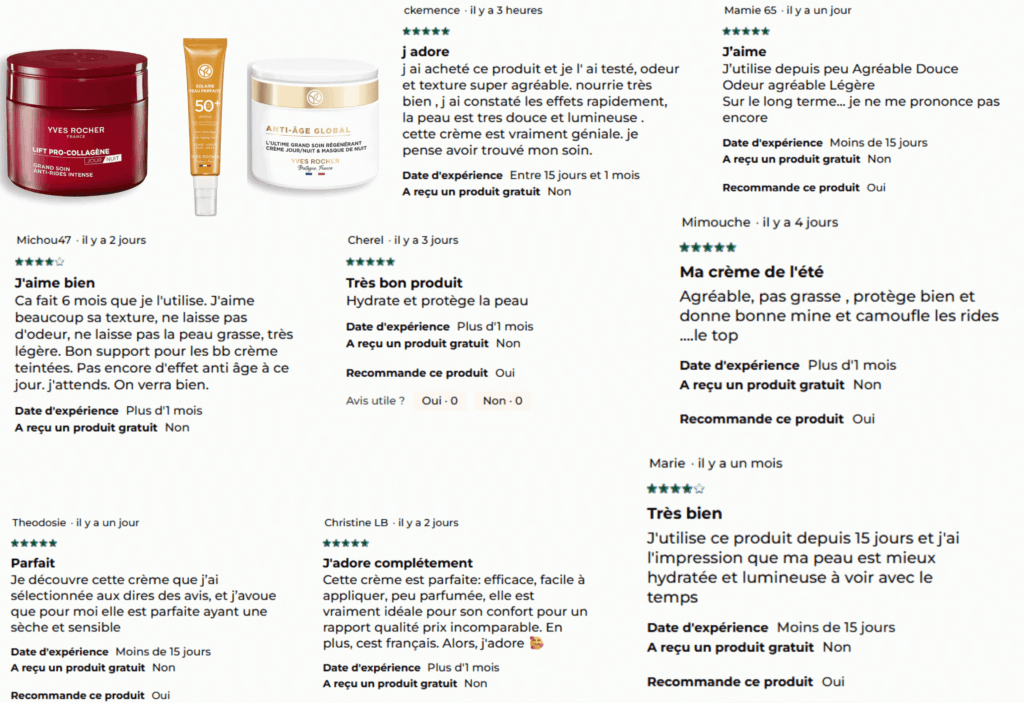 avis des clients sur la crème anti-rides yves rocher
