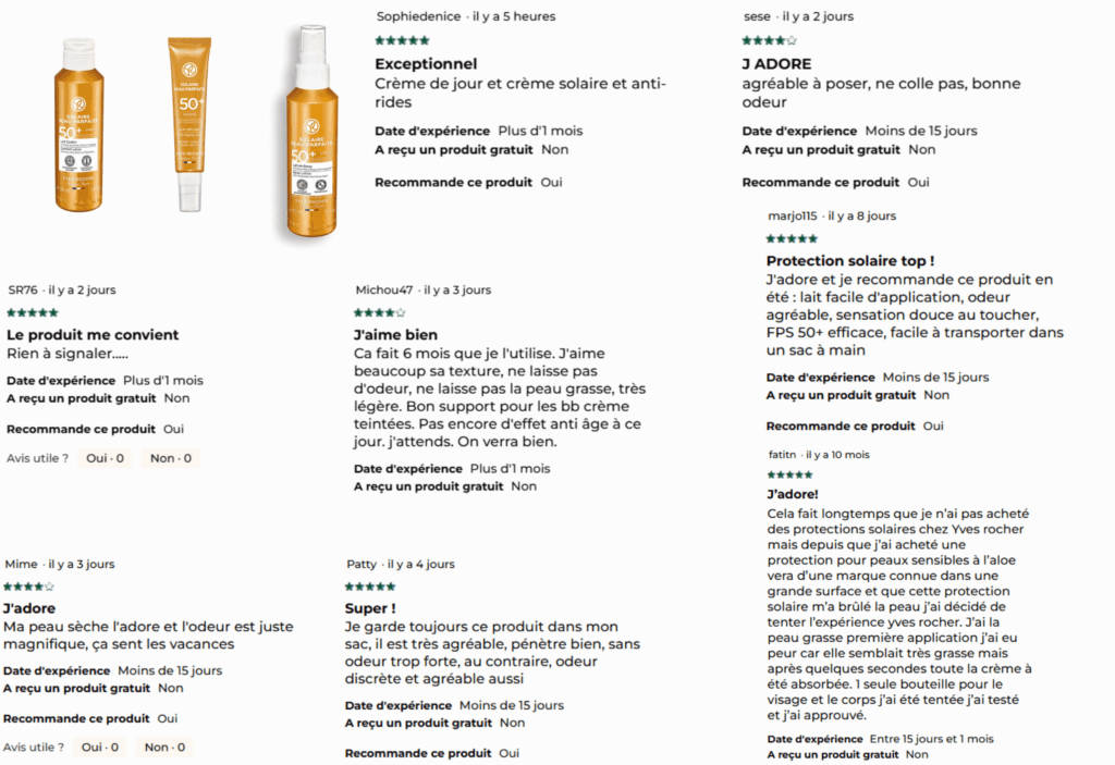 avis des clients sur la crème solaire yves rocher