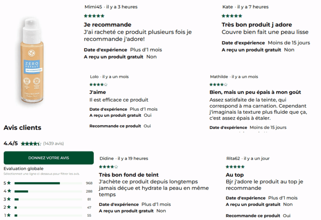 avis des clients sur le fond de teint yves rocher